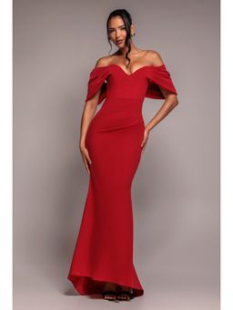 GODDIVA - Off The Shoulder Draped Sleeve Red Dress