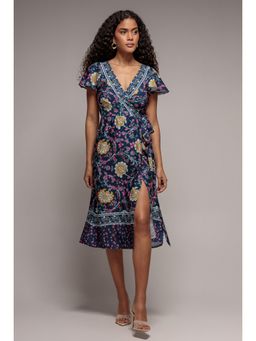 GODDIVA - Floral Print Wrap Flutter Sleeves Navy Blue Dress