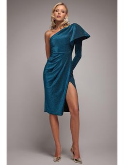 GODDIVA - One Sleeve Frill Lurex Teal Dress