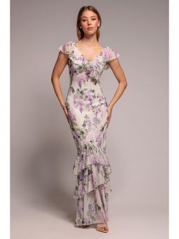 GODDIVA - Printed Ruffle Neck & Hem White Dress