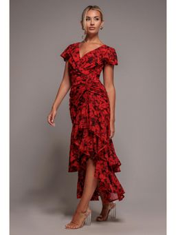 GODDIVA - Floral Wrap High And Low Red Midaxi Dress