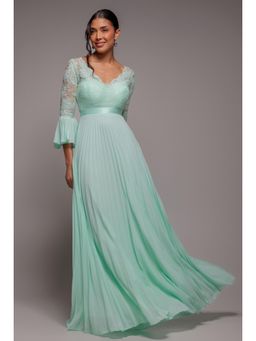 GODDIVA - Scalloped Lace Bodice Pleated Chiffon A-Line Green Dress
