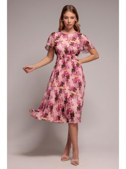 GODDIVA - Flutter Sleeve Pleated Skirt Floral Pink Dress