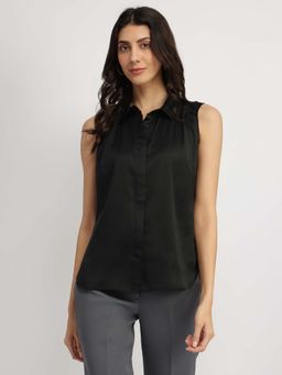FableStreet - Satin Gather Detail Shirt - Black