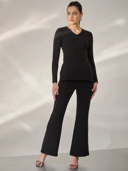 PANIT - Women Black Ribbed Fitted Solid Co-Ord (Set of 2)