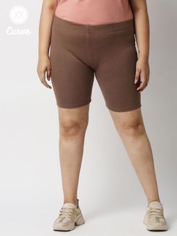 Twenty Dresses by Nykaa Fashion - Curve Brown Solid Ribbed Cycling Shorts