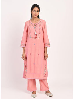 Lakshita - Pink Embroidered Straight-Fit Cotton Co-Ord (Set of 2)