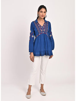 Lakshita - Blue Thigh-Length Boho Tunic with Collar & Full Sleeves
