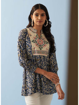 Lakshita - Navy Blue Multi-Color Printed Short Tunic with Yoke Embroidery