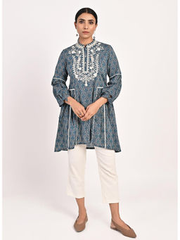 Lakshita - Floral Stripe Blue Tunic with Dori Embroidery