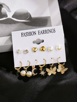 Yellow Chimes - Set of 6 Gold-Toned Contemporary Studs and Hoop Earrings