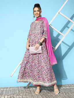 Stylum - Women Printed & Embroidered Cotton Blend Anarkali Kurta with Dupatta (Set of 2)