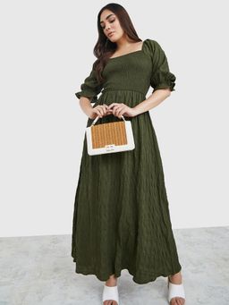 Styli - Olive Self Design A-line Maxi Dress
