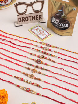 NVR - Multi-Color Thread Rakhi with Chocolate and Mdf Stand (Set of 12)