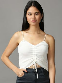 SHOWOFFFF - Women's Shoulder Straps Fitted Solid White Crop Top