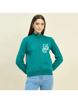 Madame - Teal Blue Cotton Blend Bomber Jacket