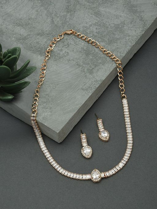 Zaveri Pearls Rose Gold Baguette Diamonds Necklace & Earring Set-ZPFK15240
