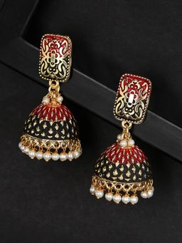 OOMPH - Red and Green Meenakari Enamel with Pearls Ethnic Jhumkas