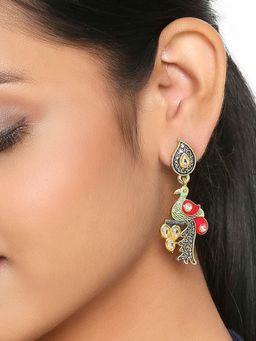 OOMPH - Blue & Green Meenakari Enamel with Kundan in Peacock Ethnic Drop Earrings for Women