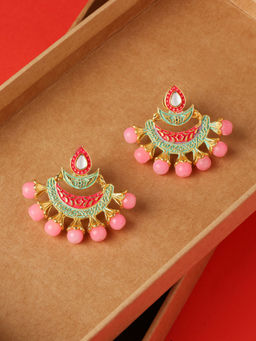 OOMPH - Red and Green Floral Meenakari with Kundan and Beads Drop Earrings