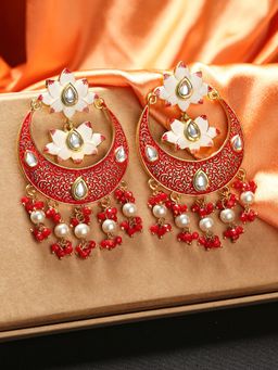 Fabula - Red & White Meenakari with Kundan & Pearls Floral Lotus Ethnic Large Chandbali Drop Earrings