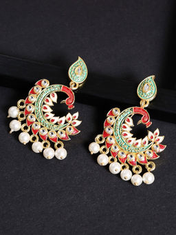 OOMPH - Red and Green Meenakari Enamel Peacock Design with Kundan and Pearls Drop Earrings