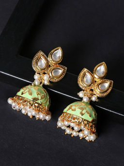OOMPH - Green Meenakari Enamel with Kundan and Pearls Jhumka Earrings