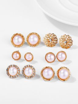 Fabula - Gold Tone White Pearl Floral Ear Stud Earrings (Set Of 6)