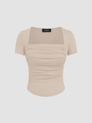 Cider Beige Square Neck Ruched Short Sleeve Top