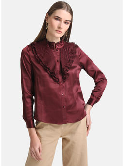 Kazo - Maroon Pleated Ruffle Detailed Shirt