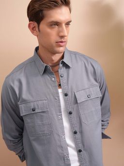 LOCOMOTIVE - Men Blue Cotton Collar Neck Shirt