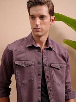LOCOMOTIVE - Men Burgundy Cotton Blend Collar Neck Shirt