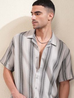 LOCOMOTIVE - Men Grey Cotton Blend Collar Neck Shirt