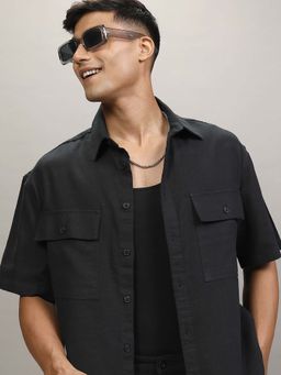 LOCOMOTIVE - Men Black Cotton Collar Neck Shirt