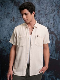 LOCOMOTIVE - Men Beige Cotton Collar Neck Shirt