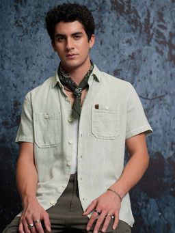 LOCOMOTIVE - Men Green Cotton Collar Neck Shirt