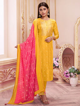 Seerat - Yellow Jacquard Kurta with Trouser and Printed Dupatta (Set of 3)