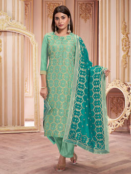 Seerat - Sea Green Jacquard Kurta with Trouser and Dupatta (Set of 3)