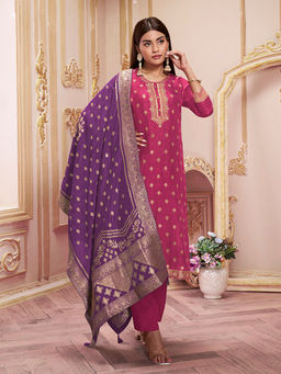 Seerat - Wine Jacquard Kurta with Trouser and Contrast Dupatta (Set of 3)