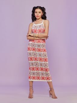 MIXT by Nykaa Fashion - Multi-color Geometric Print Square Neck Crochet Midi Dress