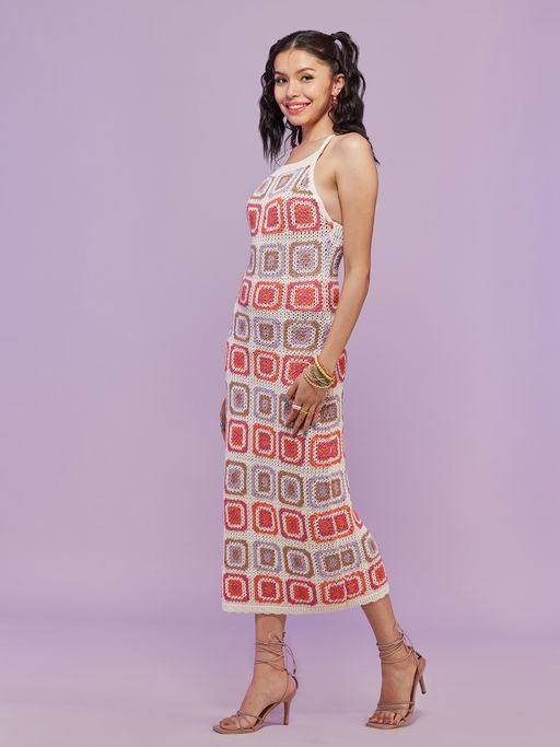 Buy MIXT by Nykaa Fashion Multi-color Geometric Print Square Neck Crochet  Midi Dress Online