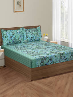 Swayam - 160 TC Floral Print Cotton Double Bed Sheet with 2 Pillow Cover Green (Queen)