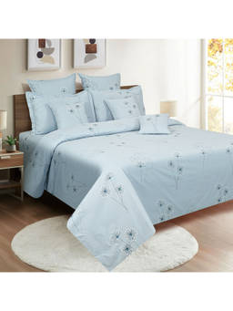 Swayam - 250 TC Floral Print Cotton Satin Double Bed Sheet with 2 Pillow Cover Blue (Queen)