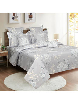 Swayam - 250 TC Floral Print Cotton Satin Double Bed Sheet with 2 Pillow Cover Grey (Queen)