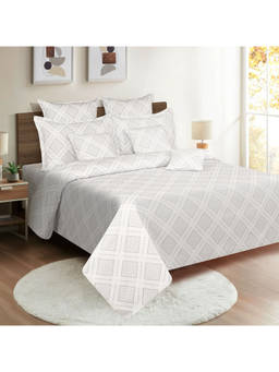 Swayam - 250 TC Geometric Print Cotton Satin Double Bed Sheet with 2 Pillow Cover White (Queen)