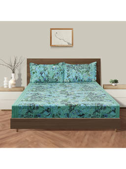 Swayam - 160 TC Floral Print Cotton Extra Large Bed Sheet with 2 Pillow Cover Green (King)