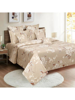 Swayam - 250 TC Floral Print Cotton Extra Large Bed Sheet with 2 Pillow Cover Beige (King)