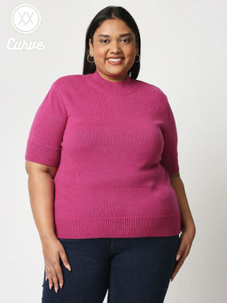 Twenty Dresses by Nykaa Fashion - Curve Pink Solid Crew Neck Sweater