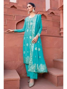 Soch - Teal Silk Zari Woven Unstitched Dress Material With Hand Embroidered Zardosi Designs - 3 Meter Kurta Fabric