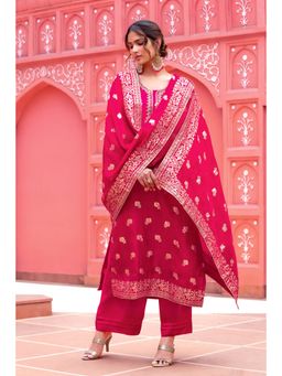 Soch - Fuchsia Silk Zari Woven Unstitched Dress Material With Hand Embroidered Zardosi Designs - 3 Meter Kurta Fabric